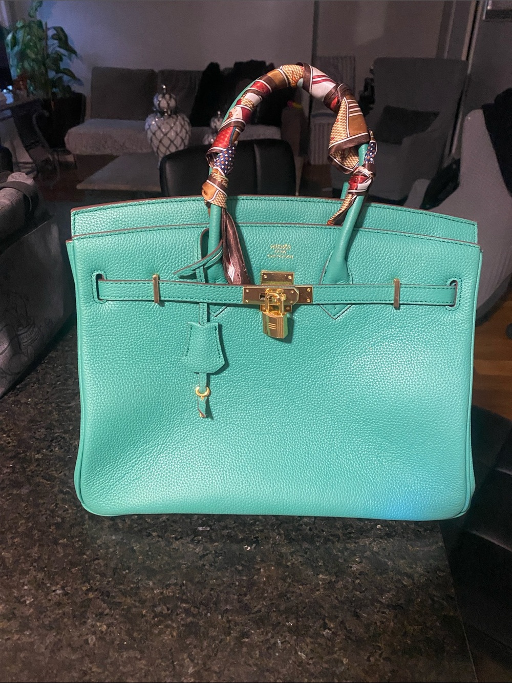 Turquoise Leather Tote Handbag with Scarf-Wrapped Handles